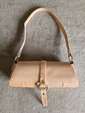 Stuart Weitzman Peach Tweed & Leather Barrel Shaped Shoulder Bag